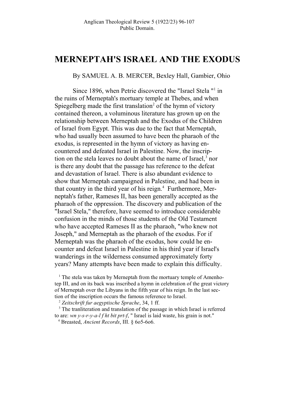 Merneptah's Israel and the Exodus
