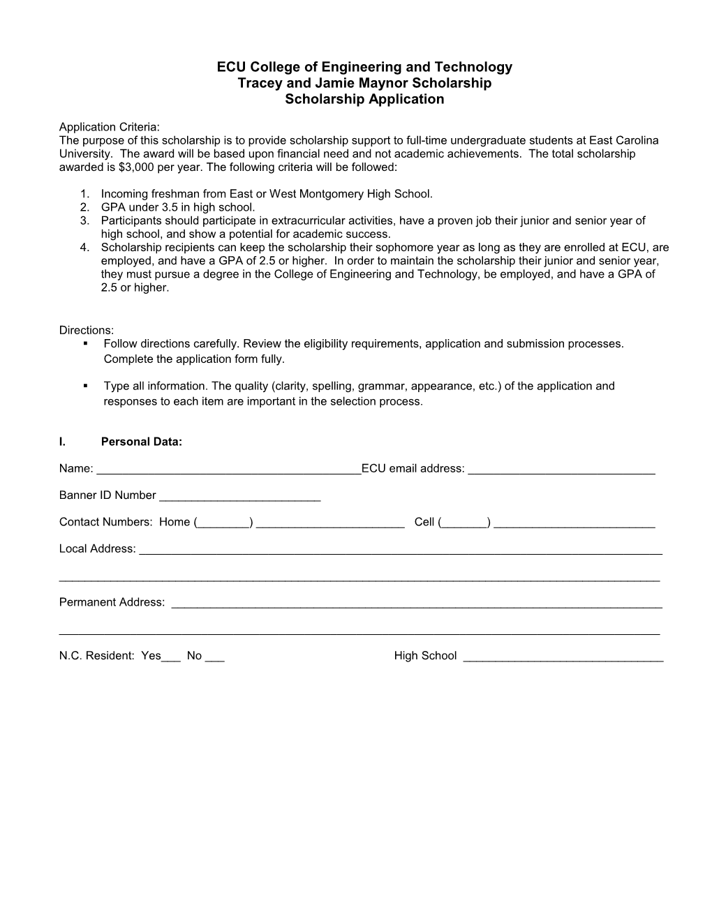 ECU College of Education Scholarship Application