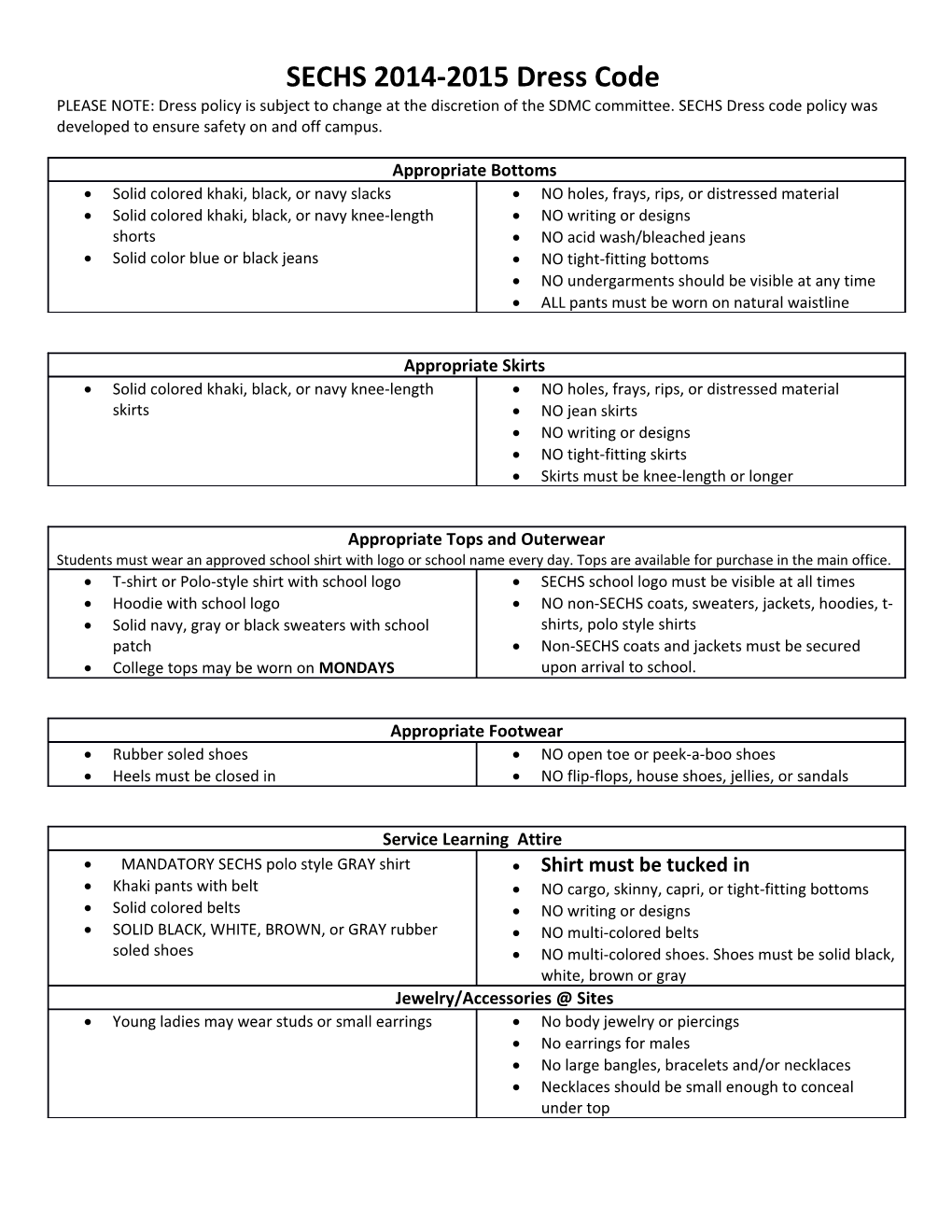 SECHS 2014-2015 Dress Code