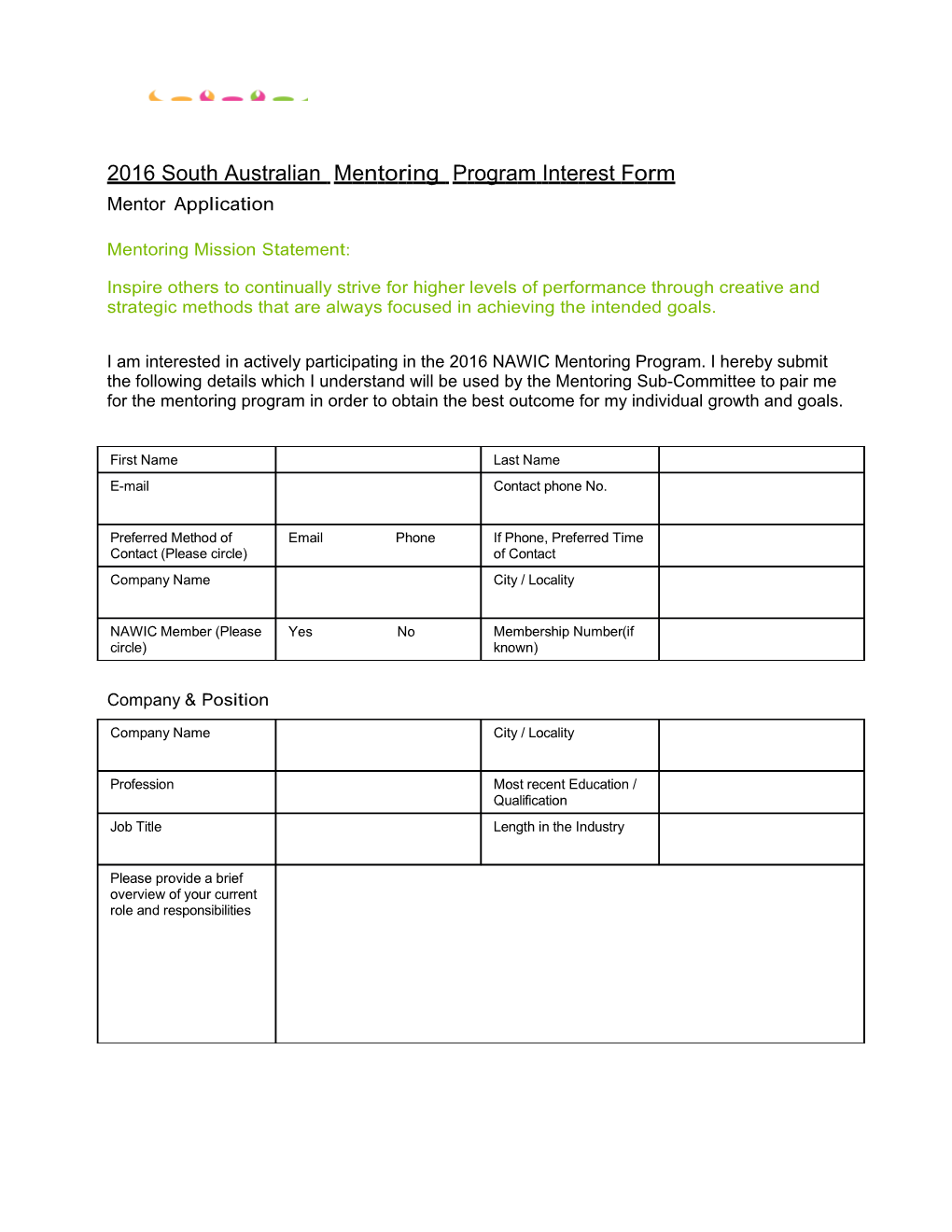 2016 South Australian Mentoring Programinterest Form