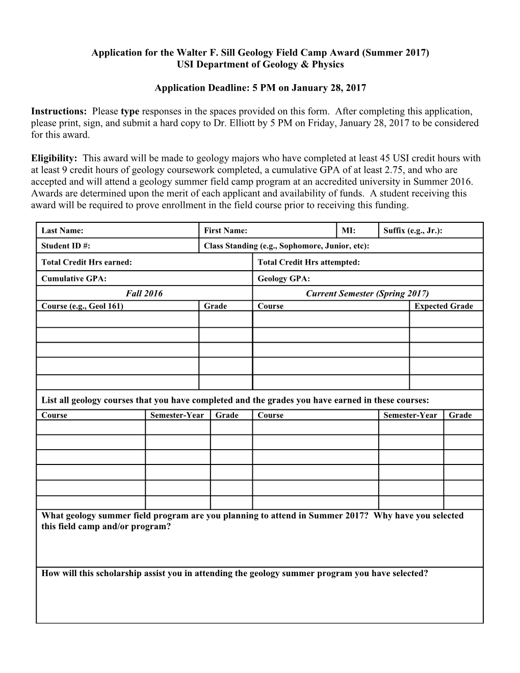 Sill Field Camp Scholarship Application