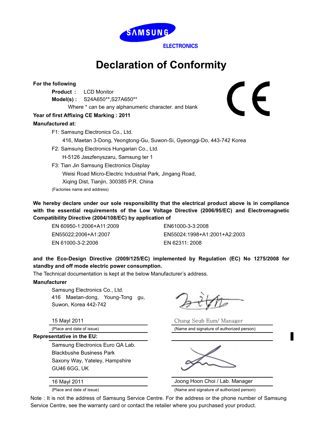 EU Declaration of Conformity (LVD, EMC)