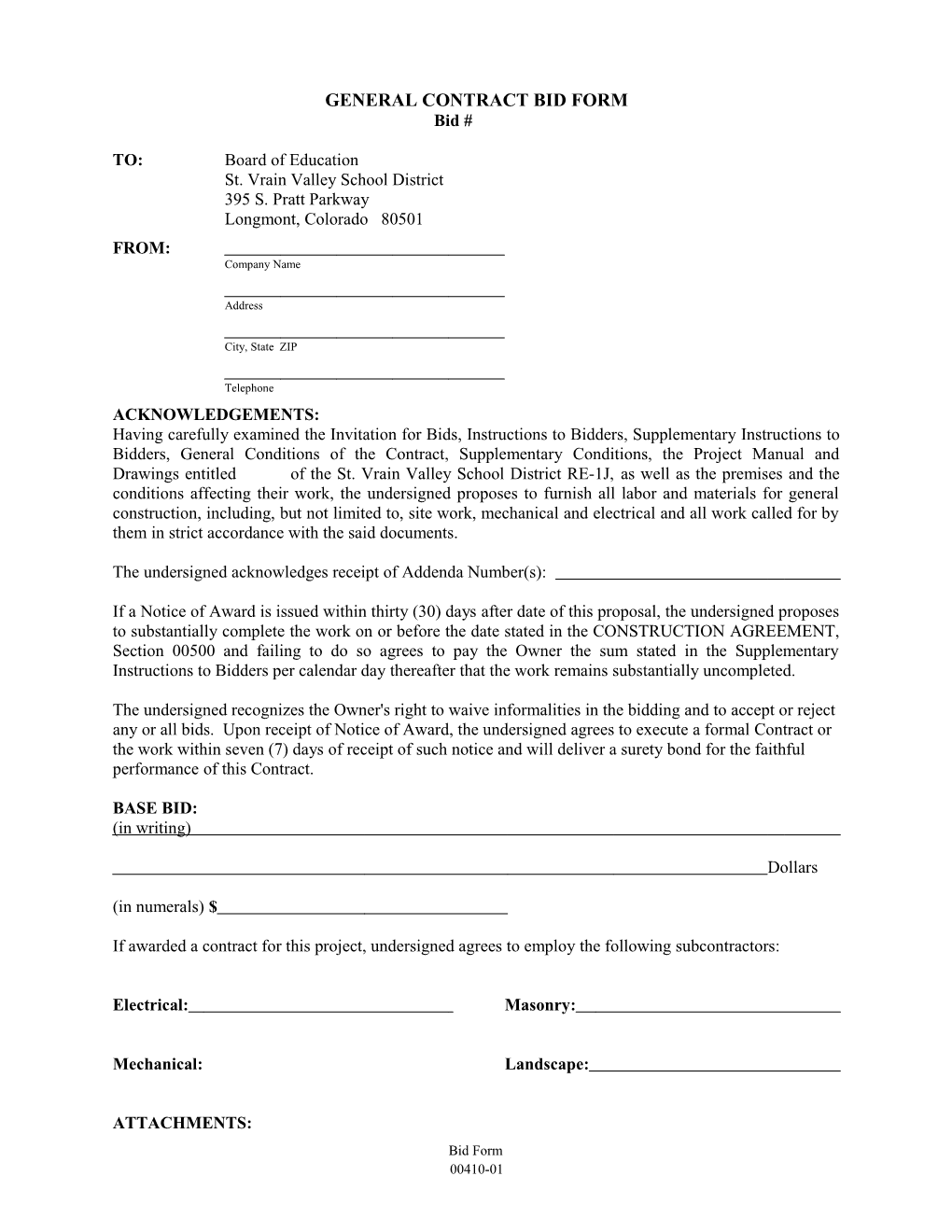 General Contract Bid Form