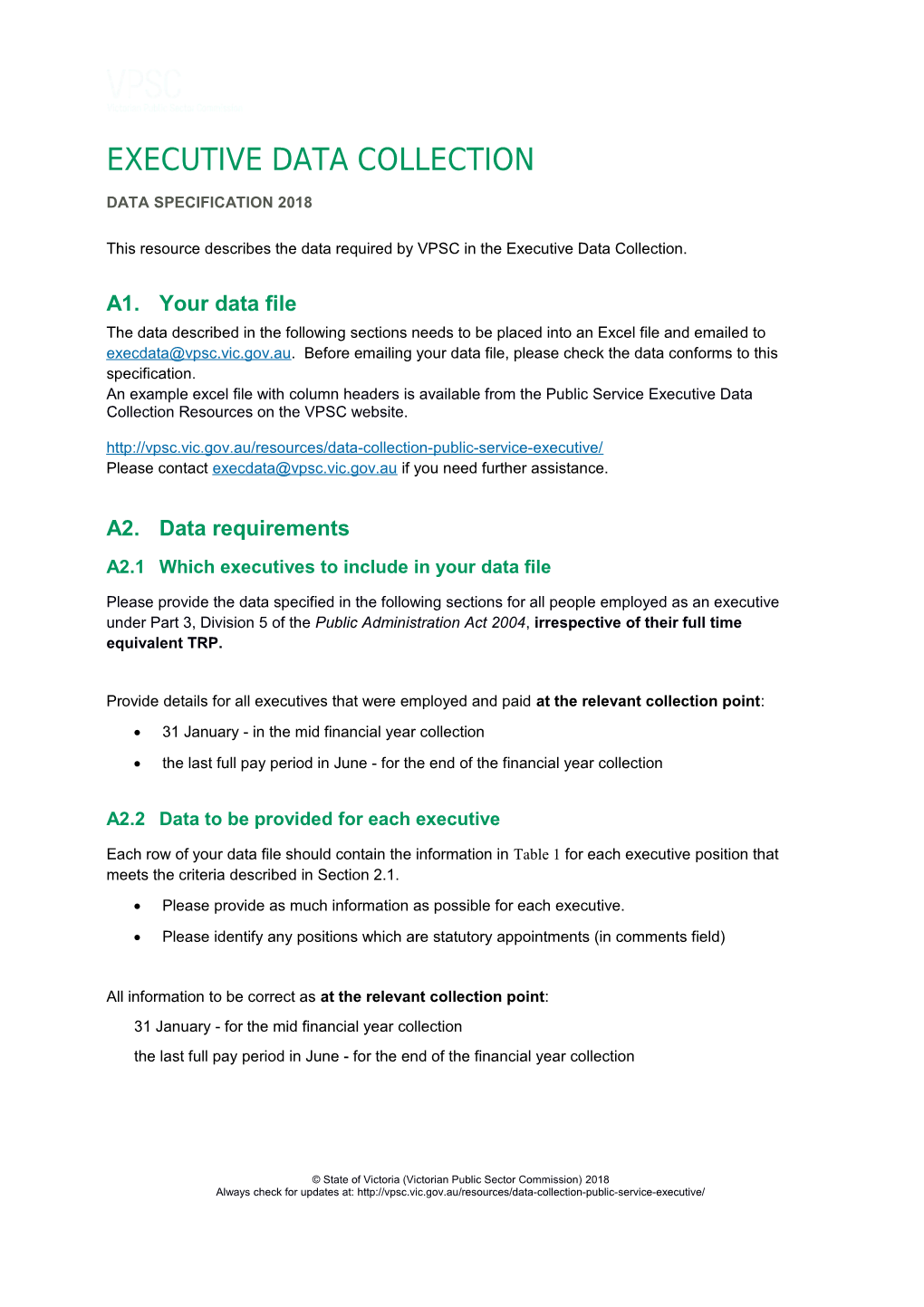 Executive Data Specification June 2018