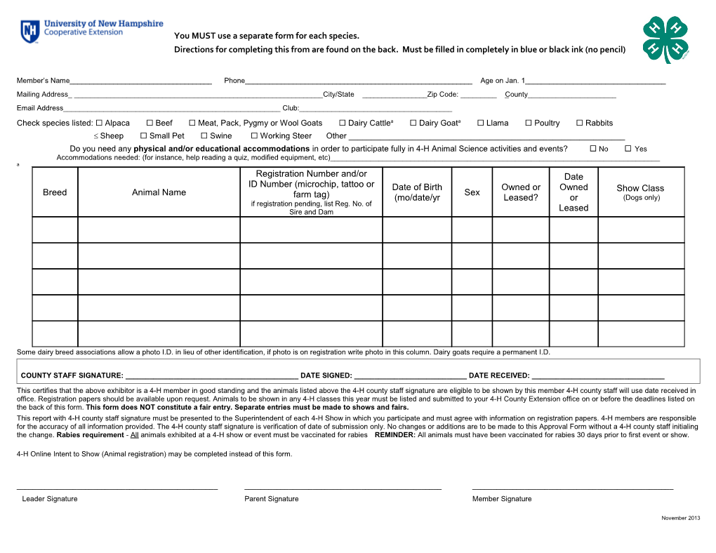 4-H Animal Approval Form