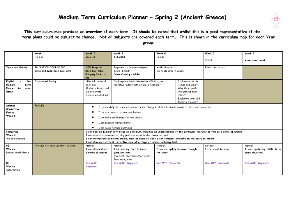 This Curriculum Map Provides an Overview of Each Term. It Should Be Noted That Whilst