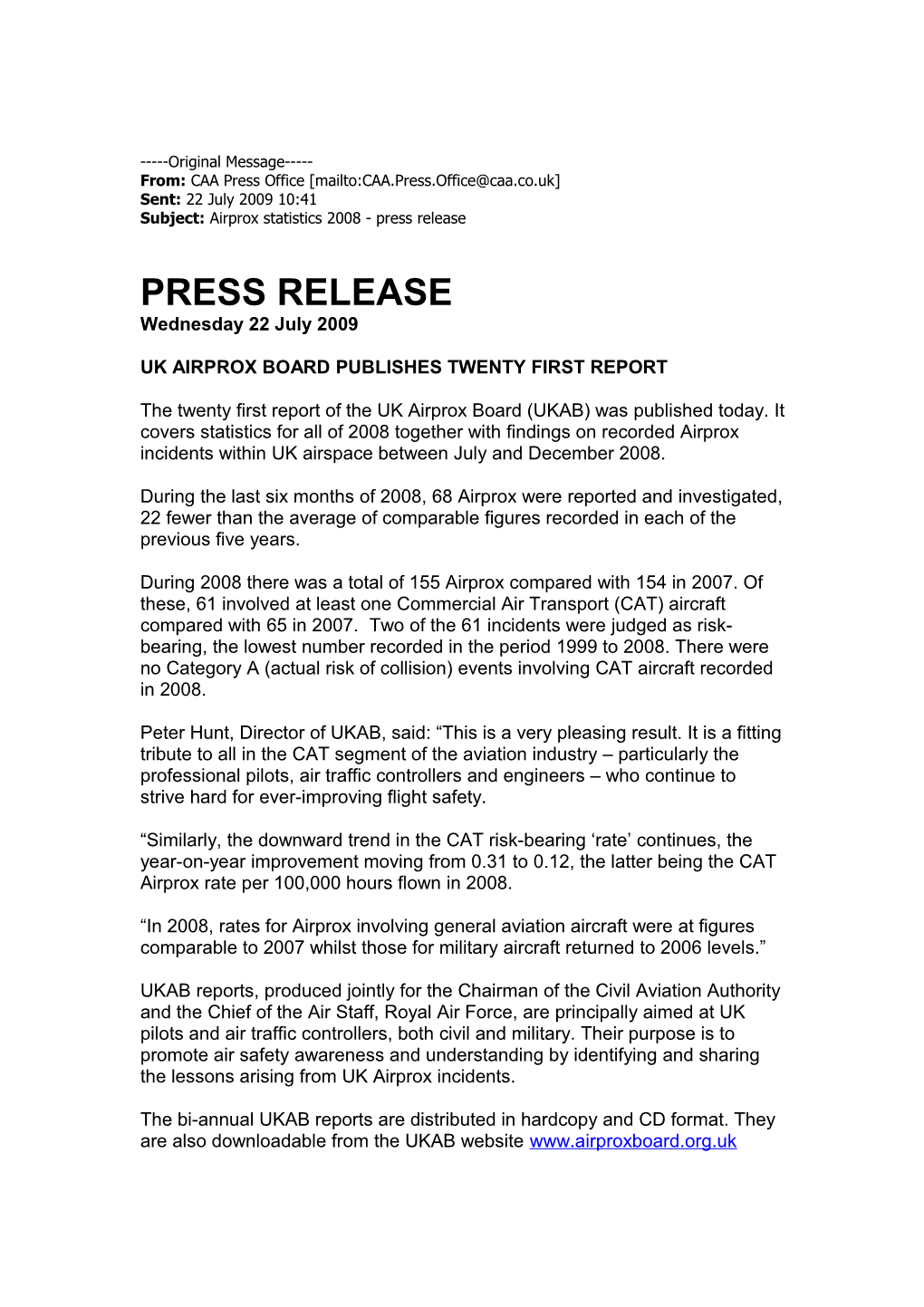 Airprox Statistics 2008 - Press Release