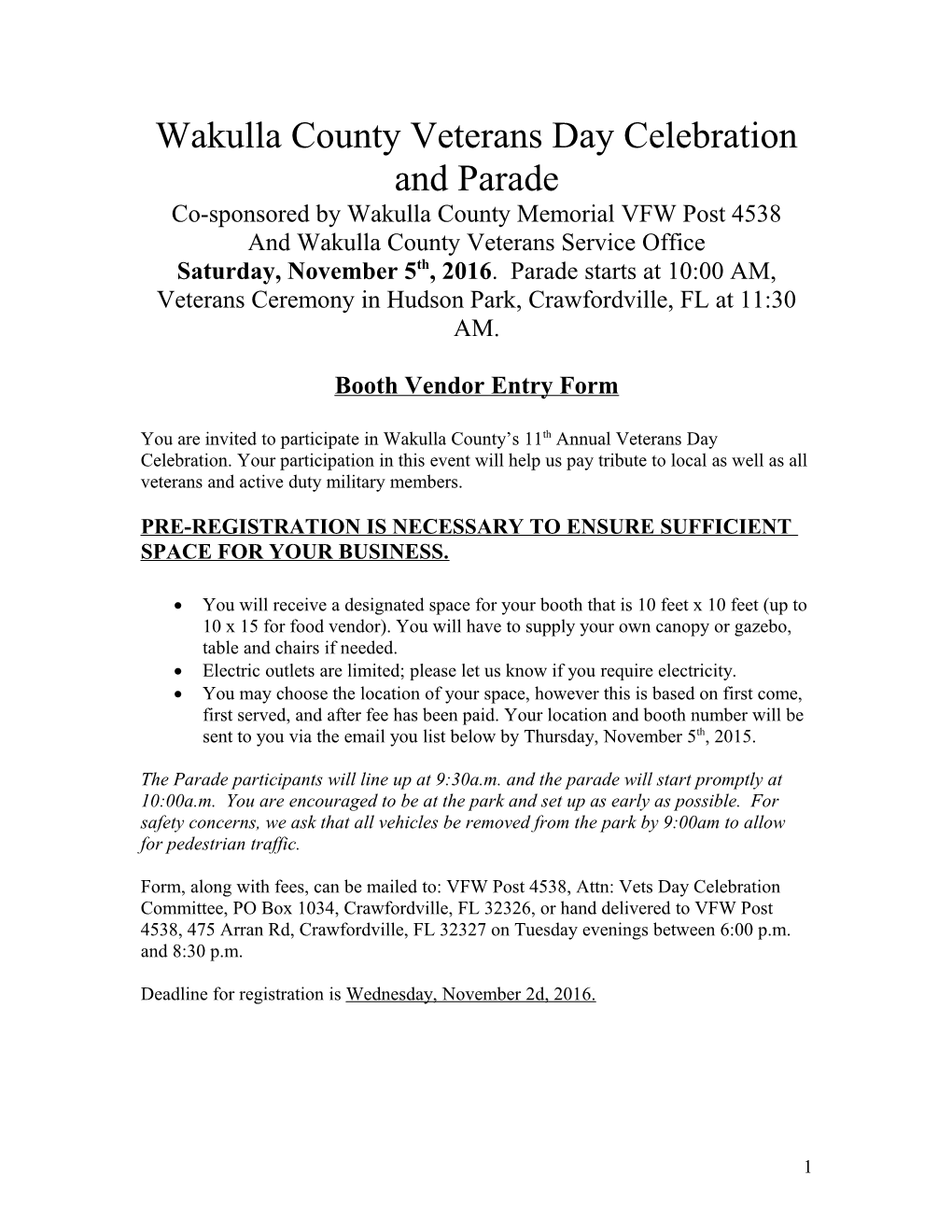 Wakulla County Veterans Day Celebration and Parade