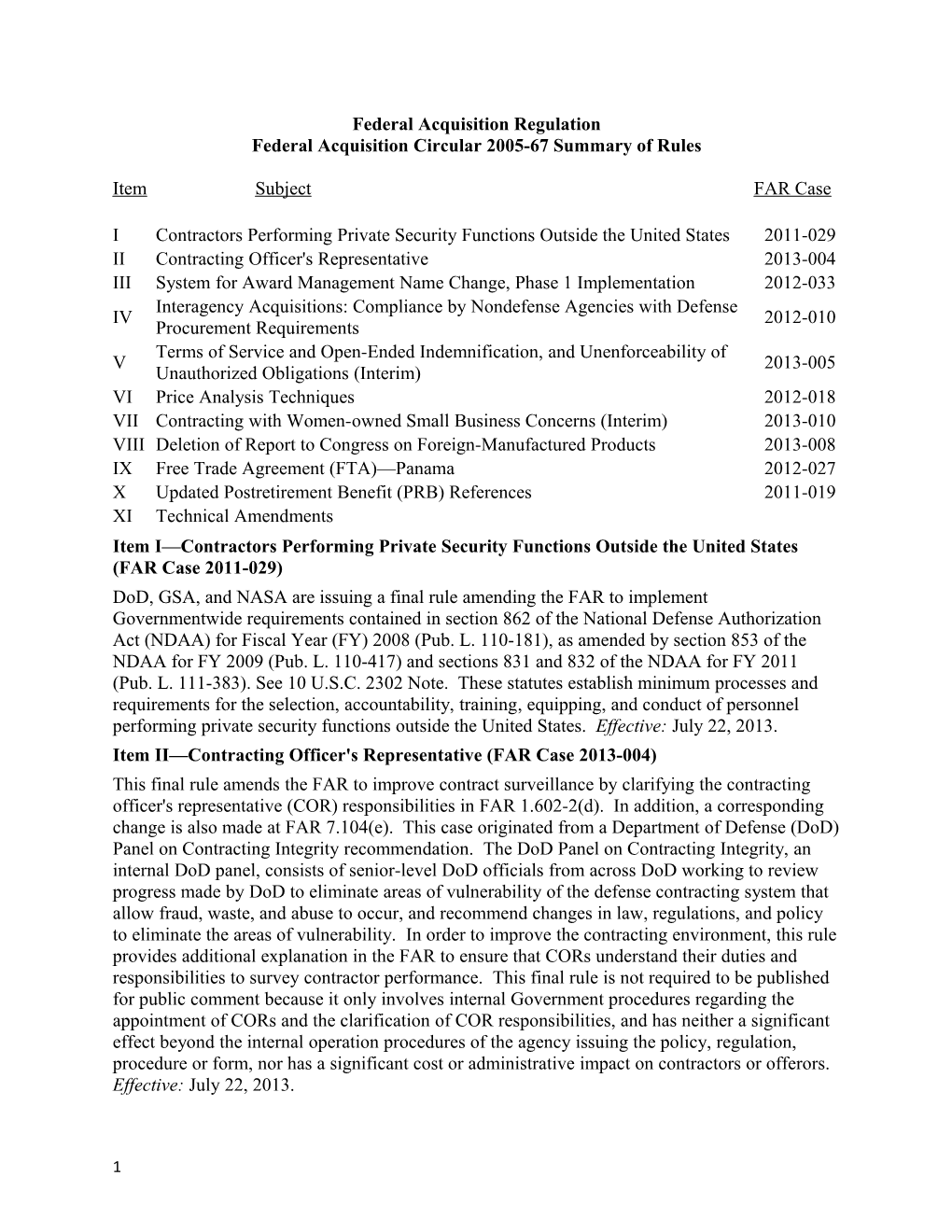 Federal Acquisition Circular 2005-67 Summary of Rules