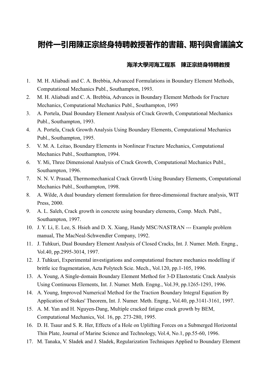 1. M. H. Aliabadi and C. A. Brebbia, Advanced Formulations in Boundary Element Methods