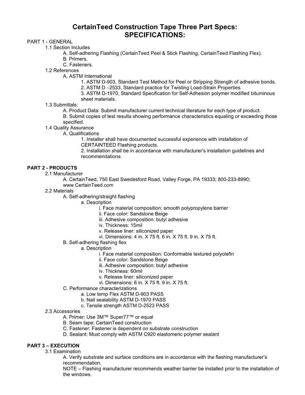 Certainteed Housewrap Three Part Specs