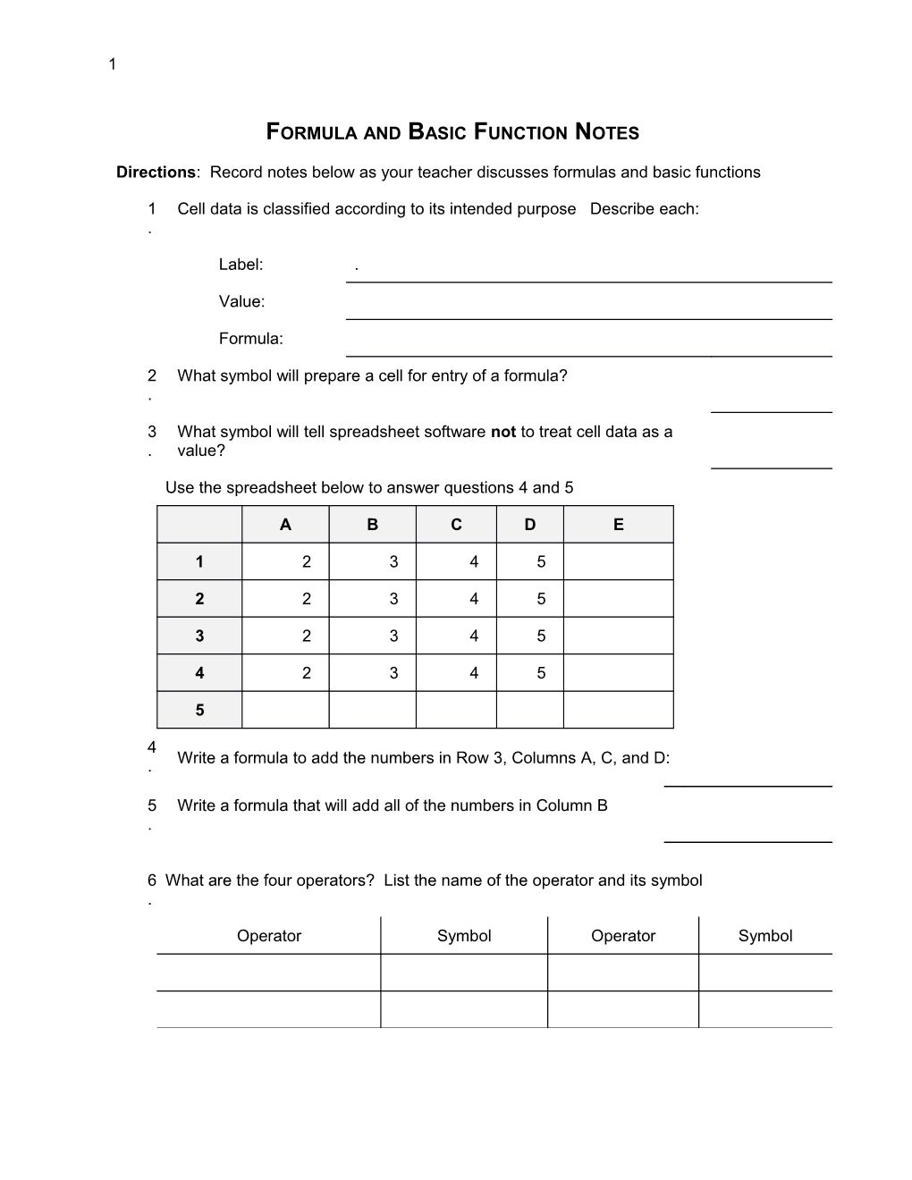 Formula and Basic Function Notes