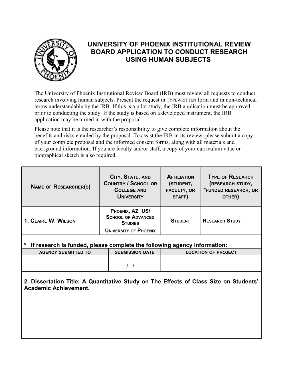 University of Phoenix Institutional Review Board Application to Conduct Research Using