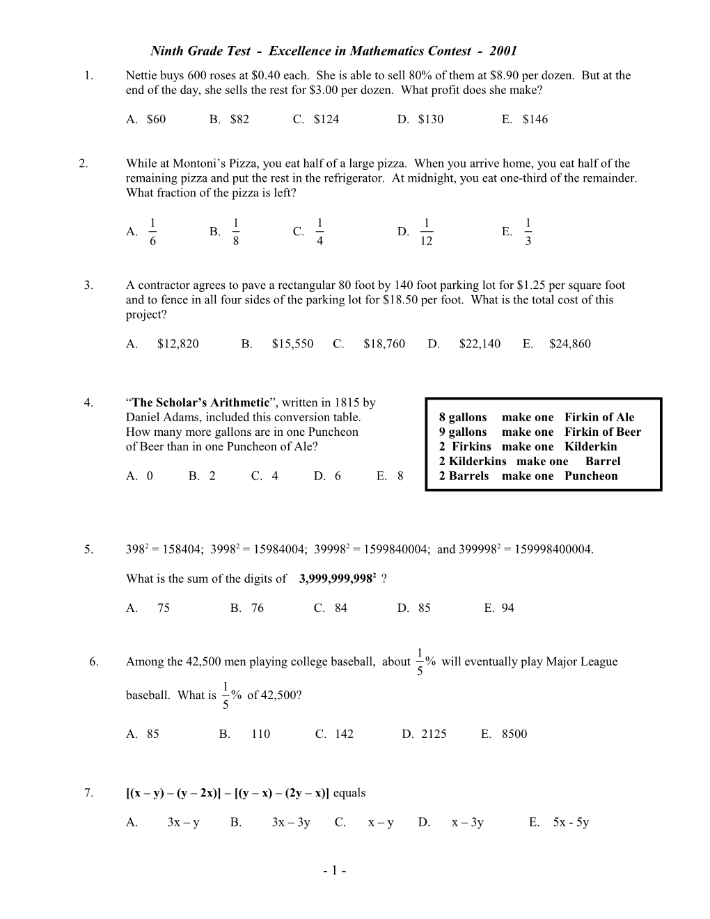Ninth Grade Test - Excellence in Mathematics Contest - 2001