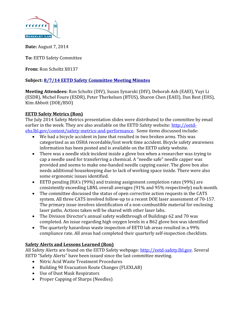 Subject: 8/7/14 EETD Safety Committee Meeting Minutes
