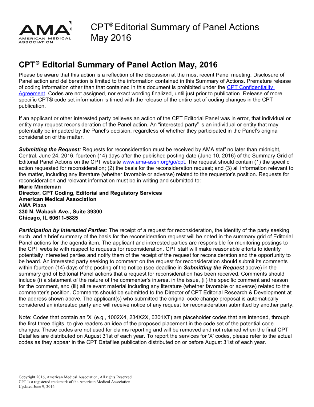 CPT Editorial Summary of Panel Action May, 2016