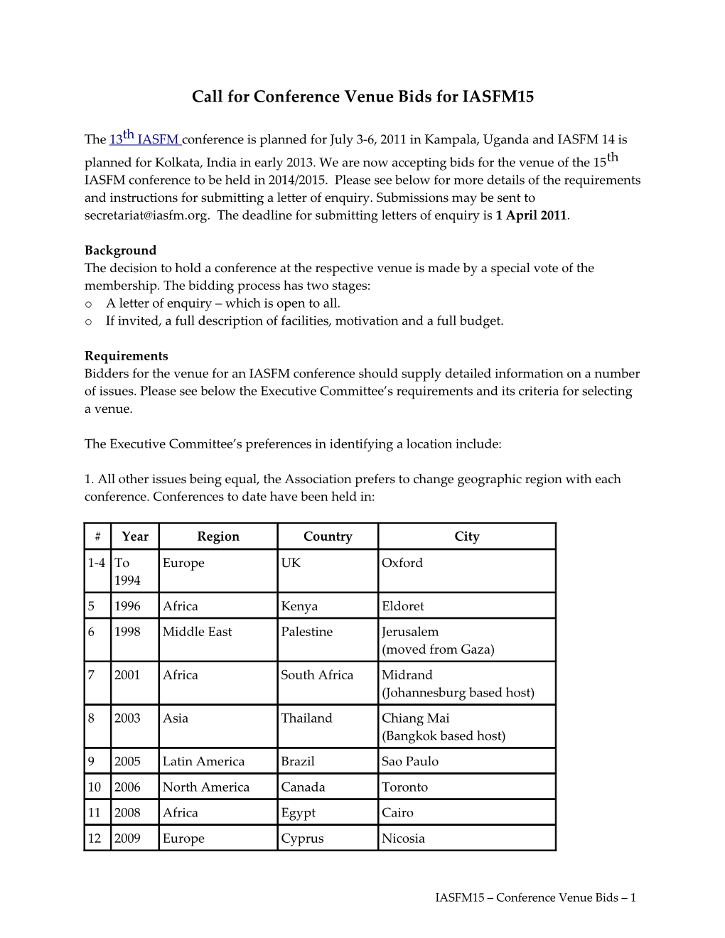 Call for Conference Venue Bids for IASFM13