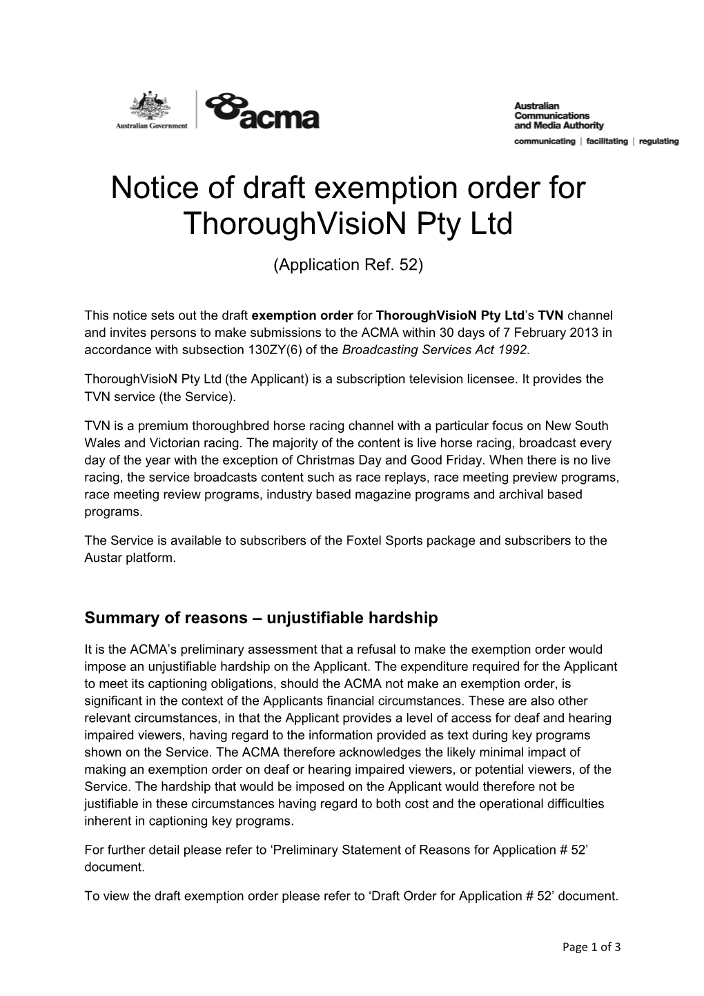 Notice of Draft Exemption Order for Thoroughvision Cons 52
