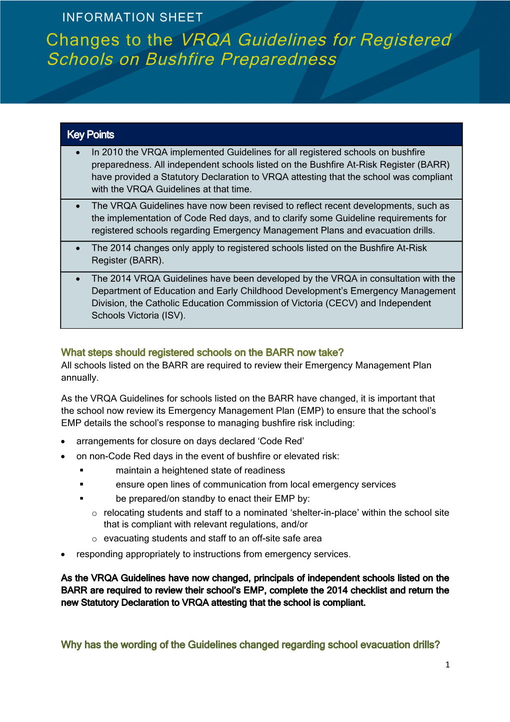 Changes to the VRQA Guidelines for Registered Schools on Bushfire Preparedness
