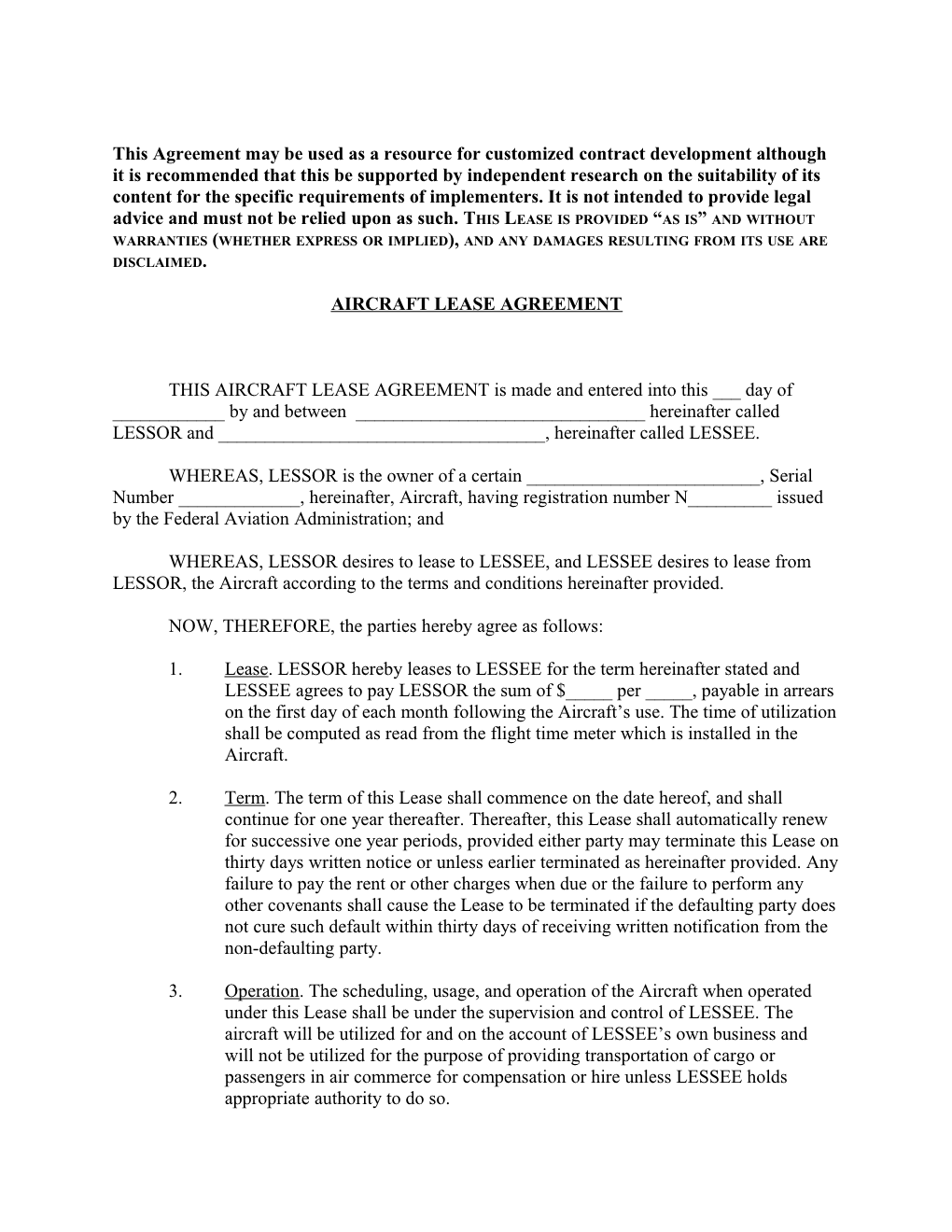 Aircraft Lease Agreement