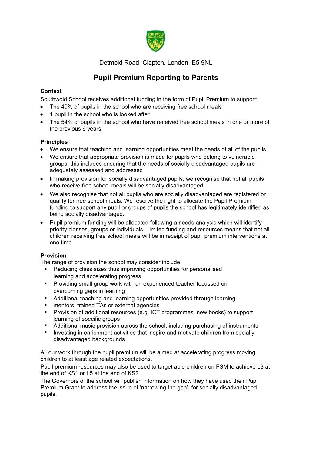 Pupil Premium Reporting to Parents