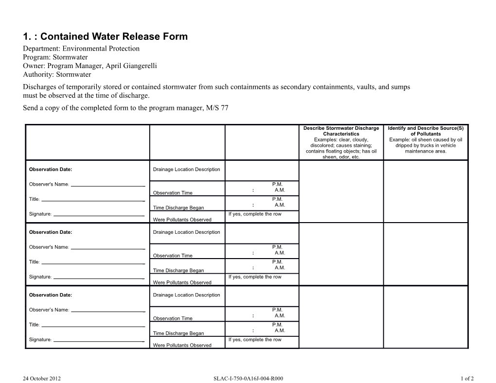 Stormwater: Contained Water Release Form s1