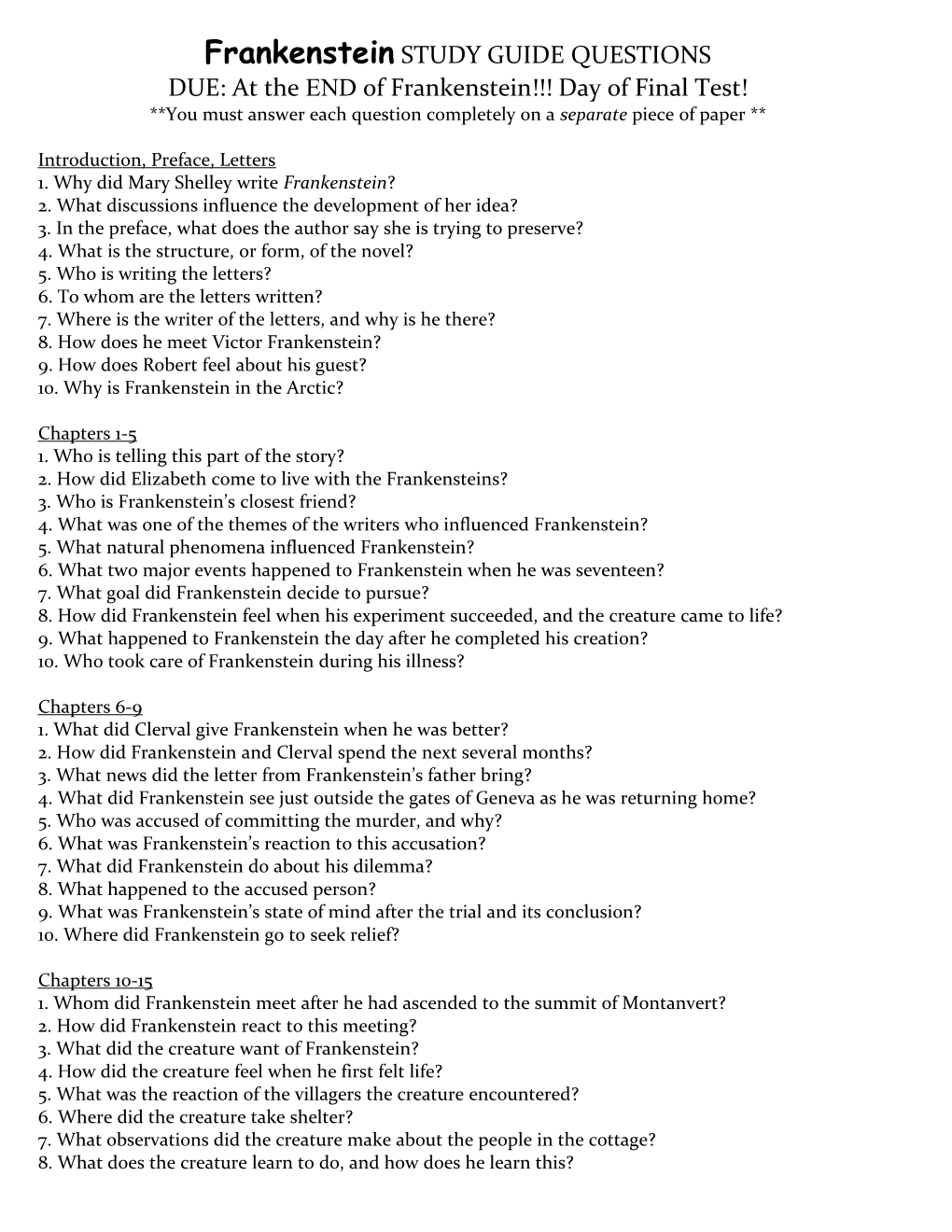 Frankenstein STUDY GUIDE QUESTIONS