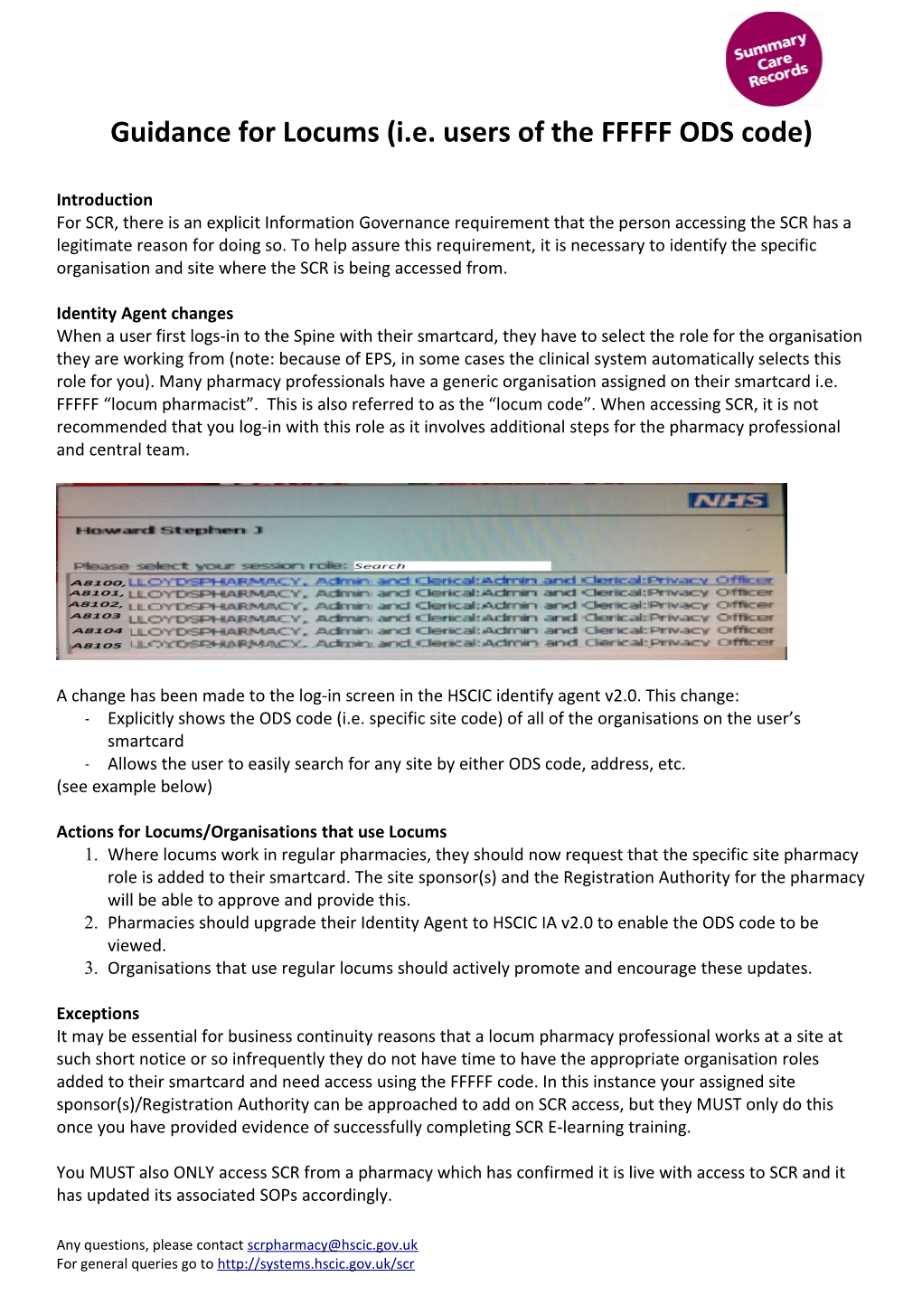 Guidance for Locums (I.E. Users of the FFFFF ODS Code)