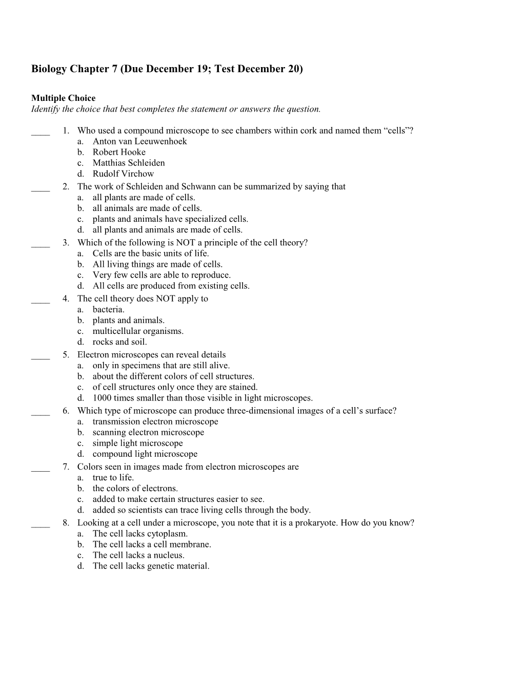 Biology Chapter 7 (Due December 19; Test December 20)