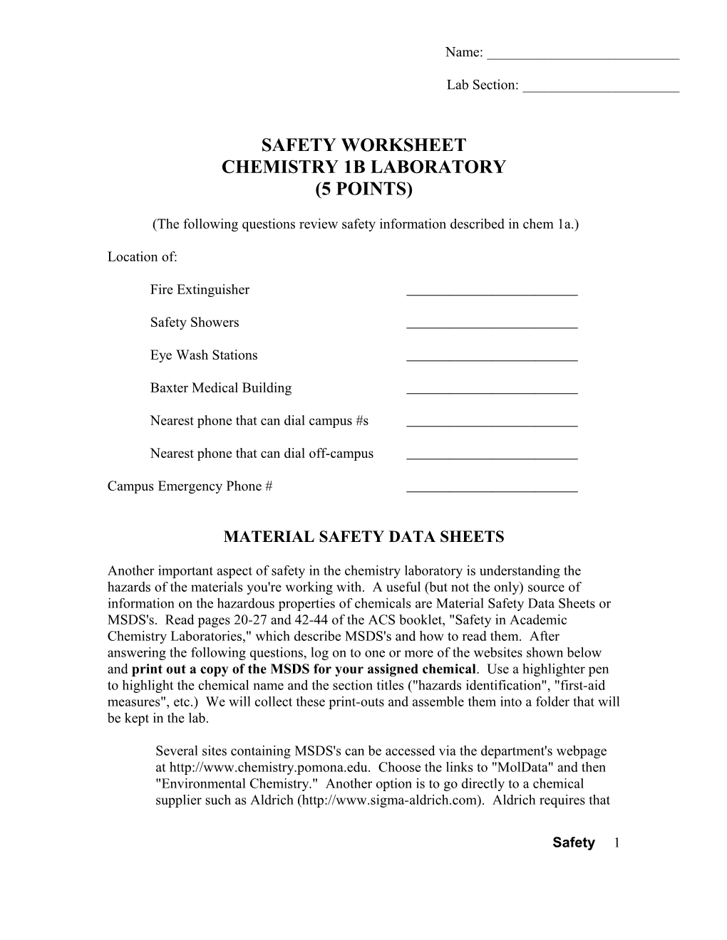 Safety Worksheet