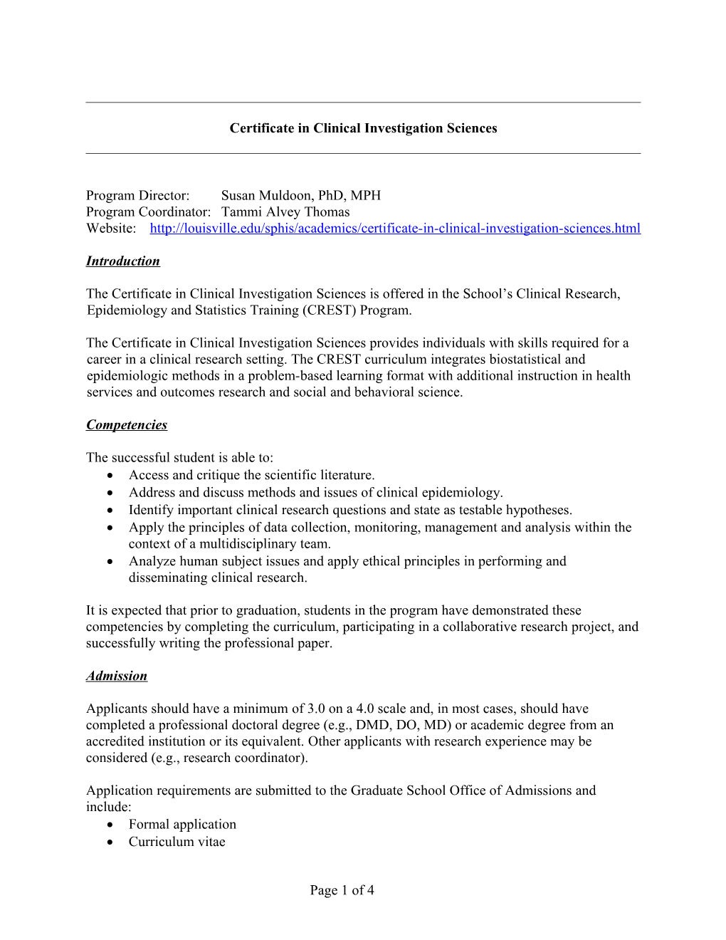 Graduate Certificate in Clinical Investigation Sciences V2007.08.02