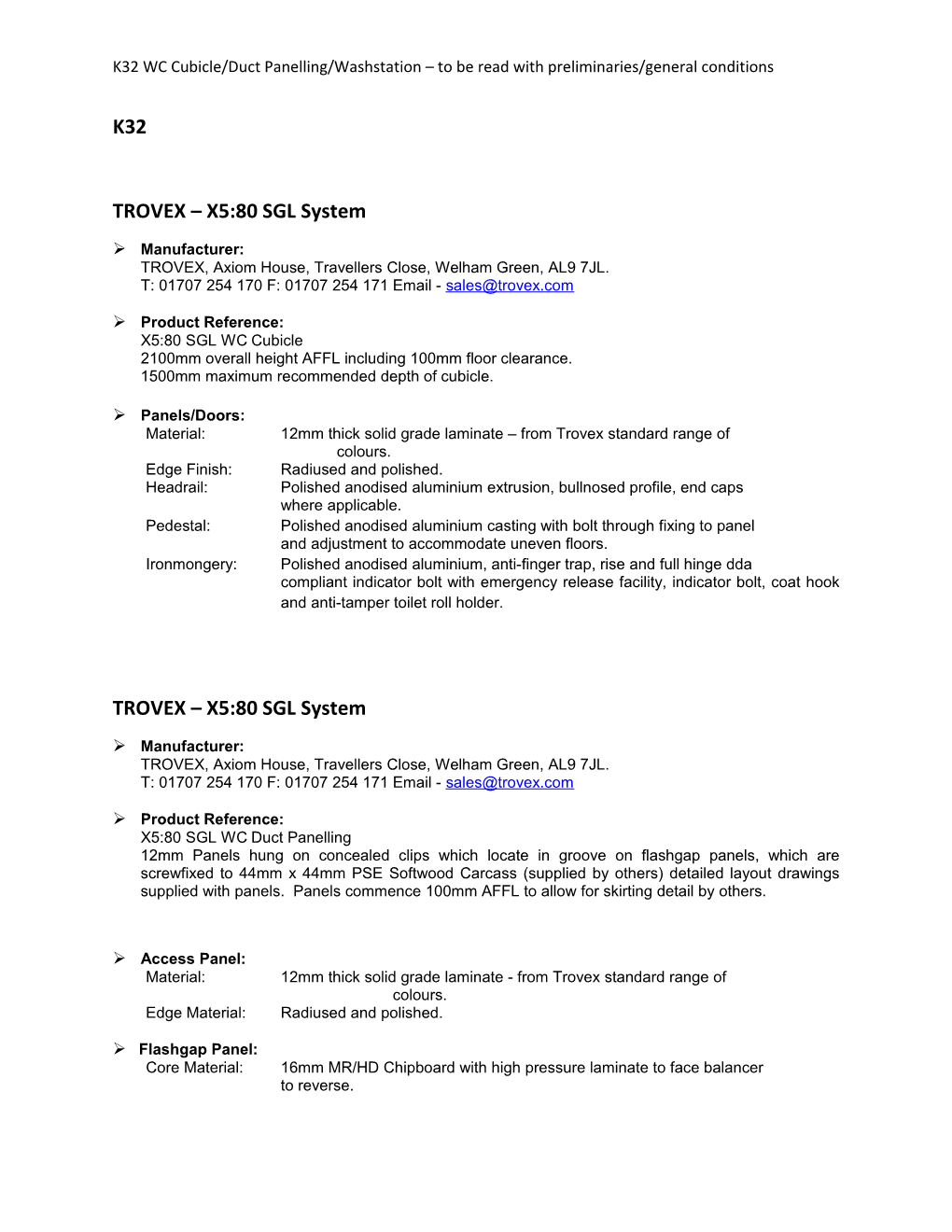 K32 WC Cubicle/Duct Panelling/Washstation to Be Read with Preliminaries/General Conditions