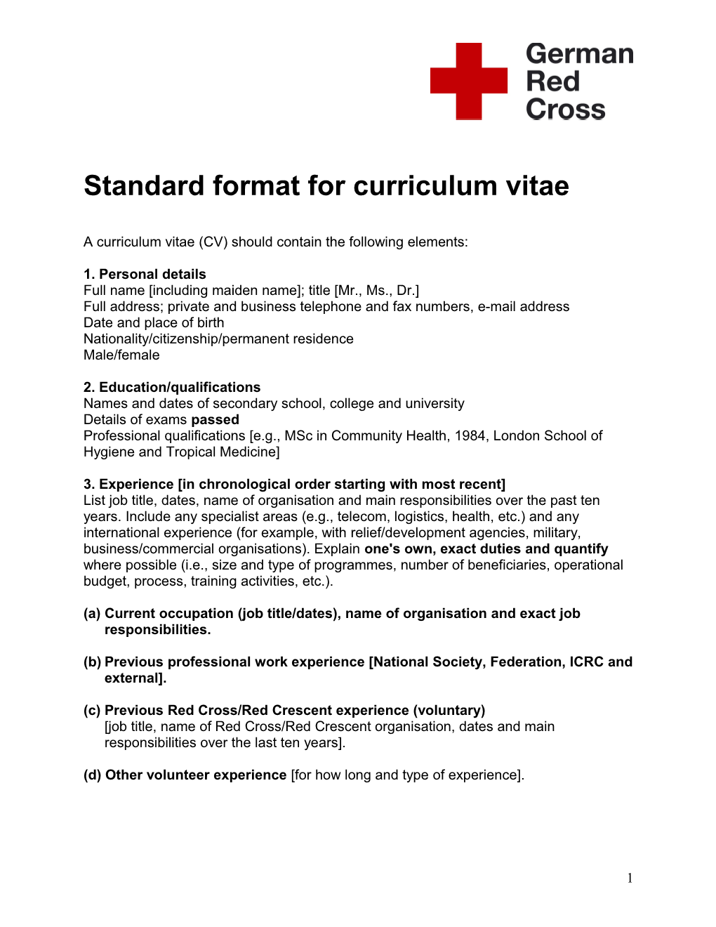 Standard Format for Curriculum Vitae