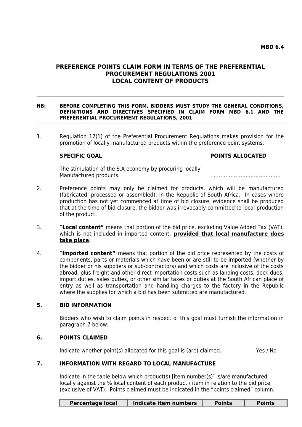 Preference Points Claim Form in Terms of the Preferential Procurement Regulations 2001