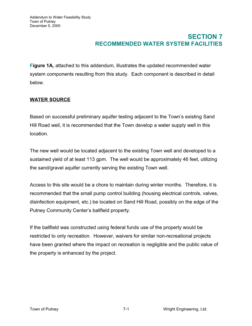 Addendum to Water Feasibility Study