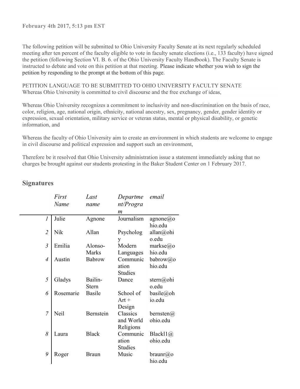 Petition Language to Be Submitted to Ohio University Faculty Senate