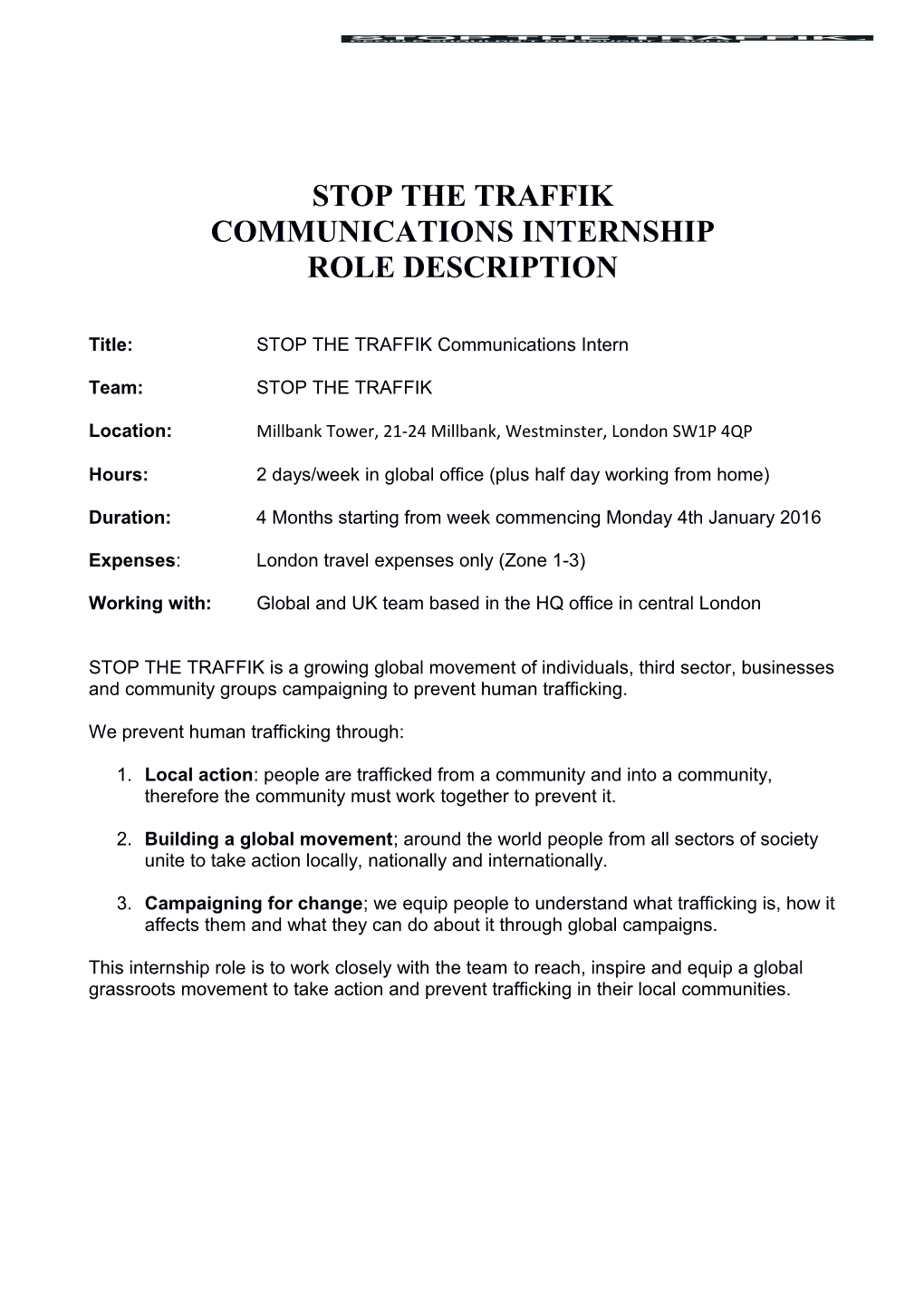 STOP the TRAFFIK Communications Internship Role Description
