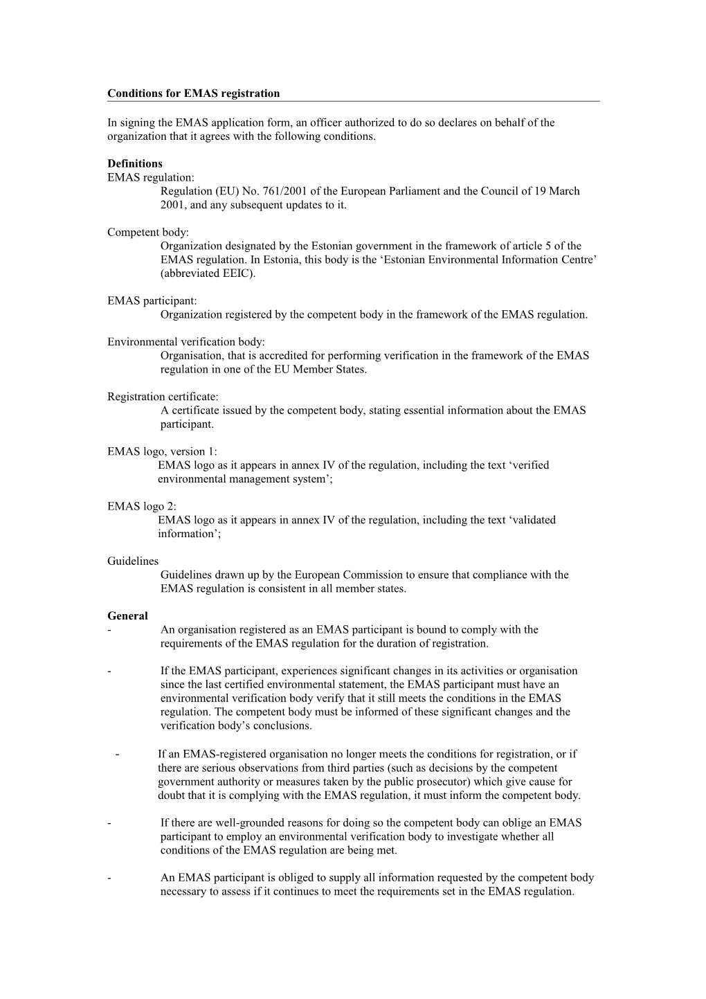 Conditions for EMAS Registration