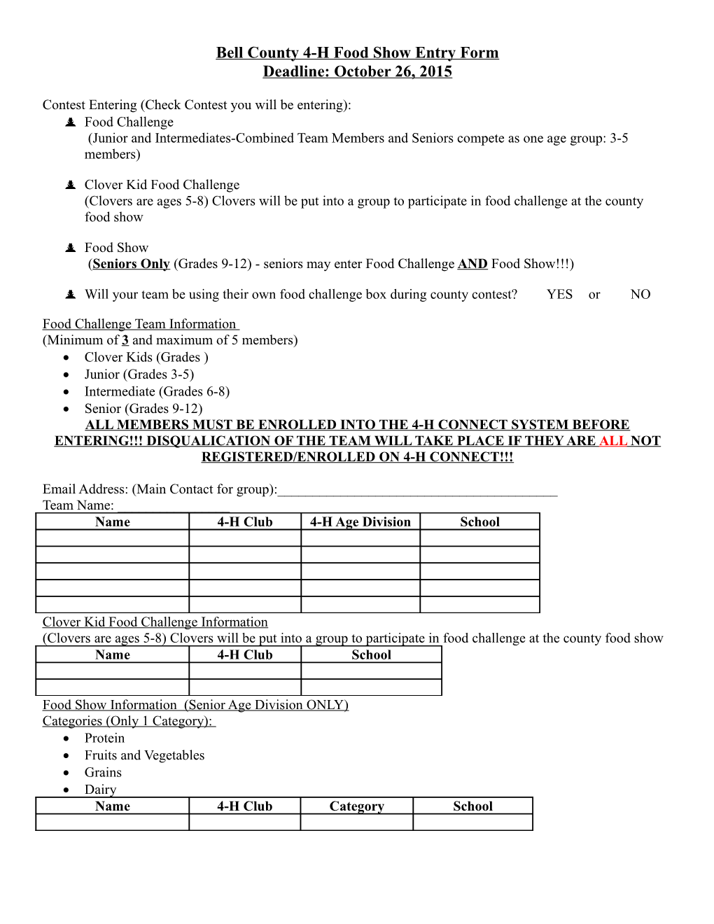 Bell County 4-H Food Show Entry Form