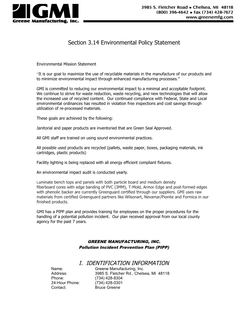 Section 3.14 Environmental Policy Statement Environmental Mission Statement