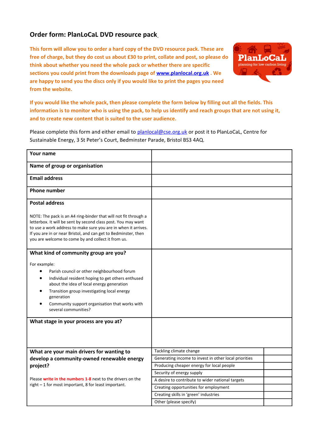 This Form Will Allow You to Order a Hard Copy of the DVD Resource Pack. These Are Free