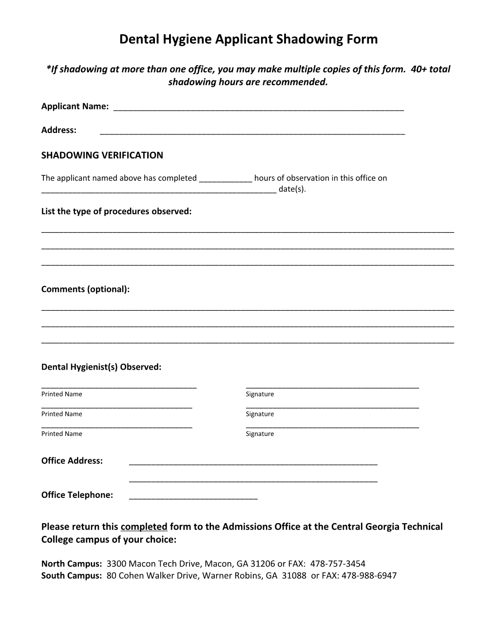 Dental Hygiene Applicant Shadowing Form