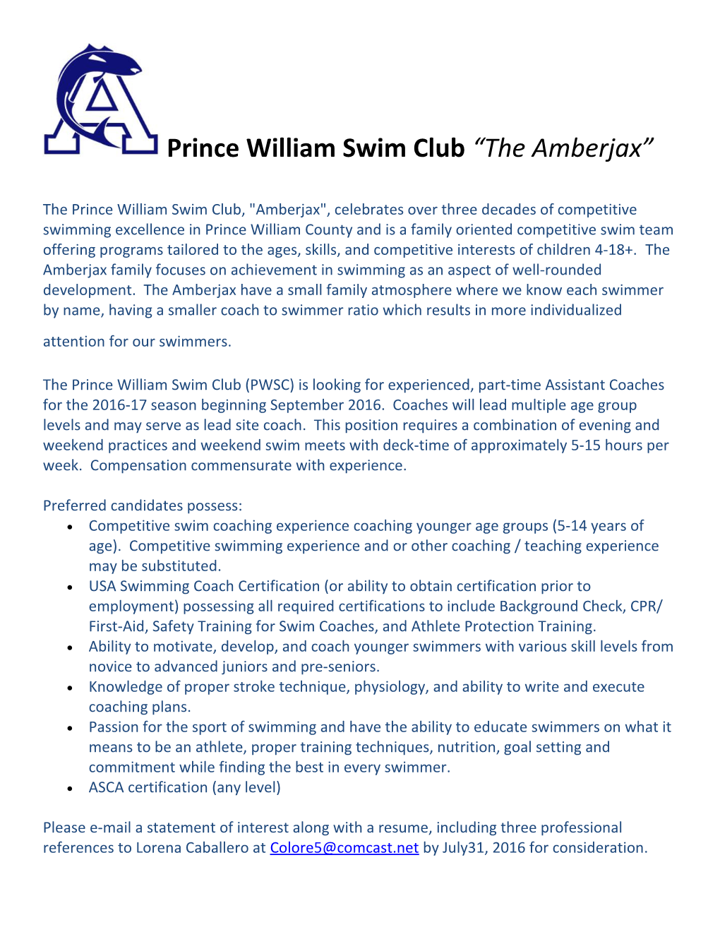 Prince William Swim Club the Amberjax