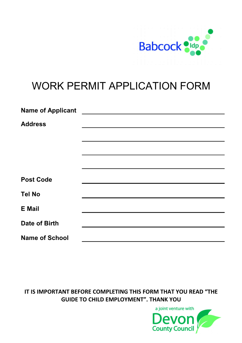 Work Permit Application Form