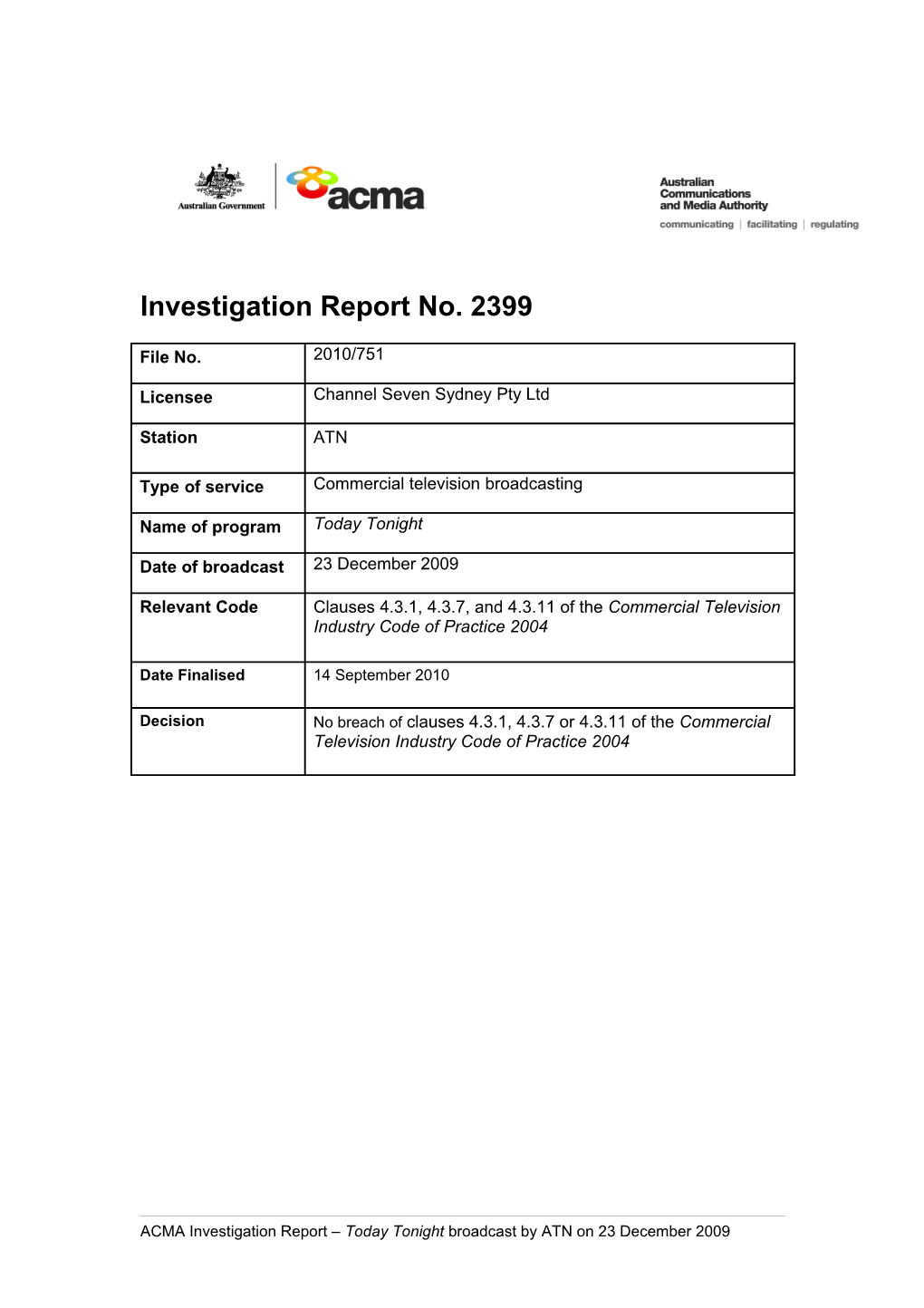 ATN - ACMA Investigation Report 2399