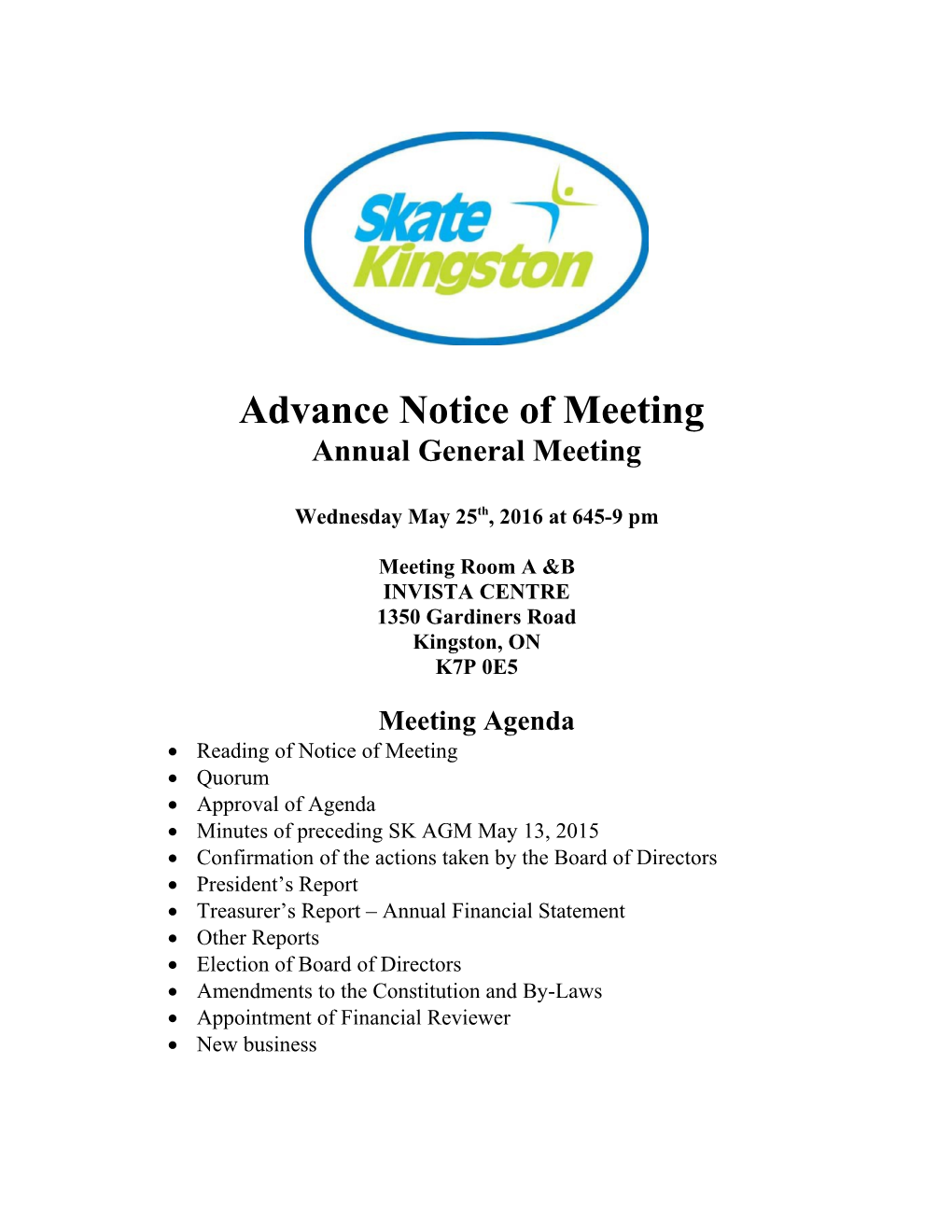 Advance Notice of Meeting