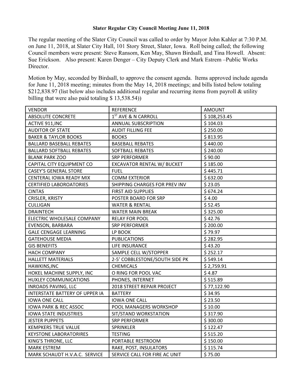 Slaterregularcitycouncil Meeting June 11, 2018