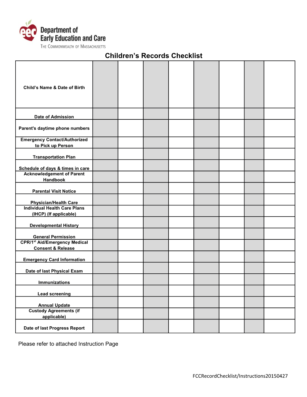 Childrens Records Checklist and Instructions