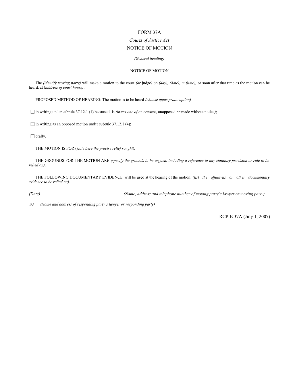 Form 37A Notice of Motion
