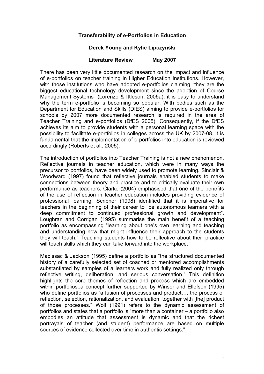 Transferability of E-Portfolios in Education - Literature Review - May 2007